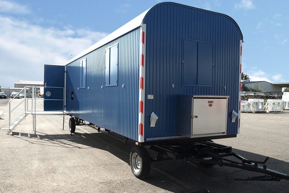 Container Bauwagen 2-achsig Drehschemelfahrgestell Knauss Raumsysteme
